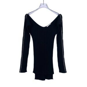 012302 Celine striped trim large V-neck black cotton sweater size S
